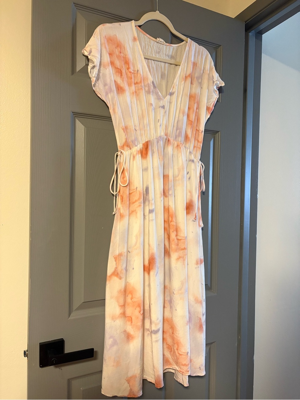 Hem & Thread Peach and Lavender Tie-Dye V-Neck Midi Dress